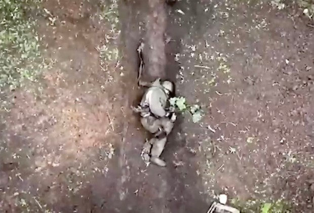 慎入！俄羅斯傷兵被當人肉標靶，遭烏克蘭連投3手榴彈引爆。（翻自《太陽報》）