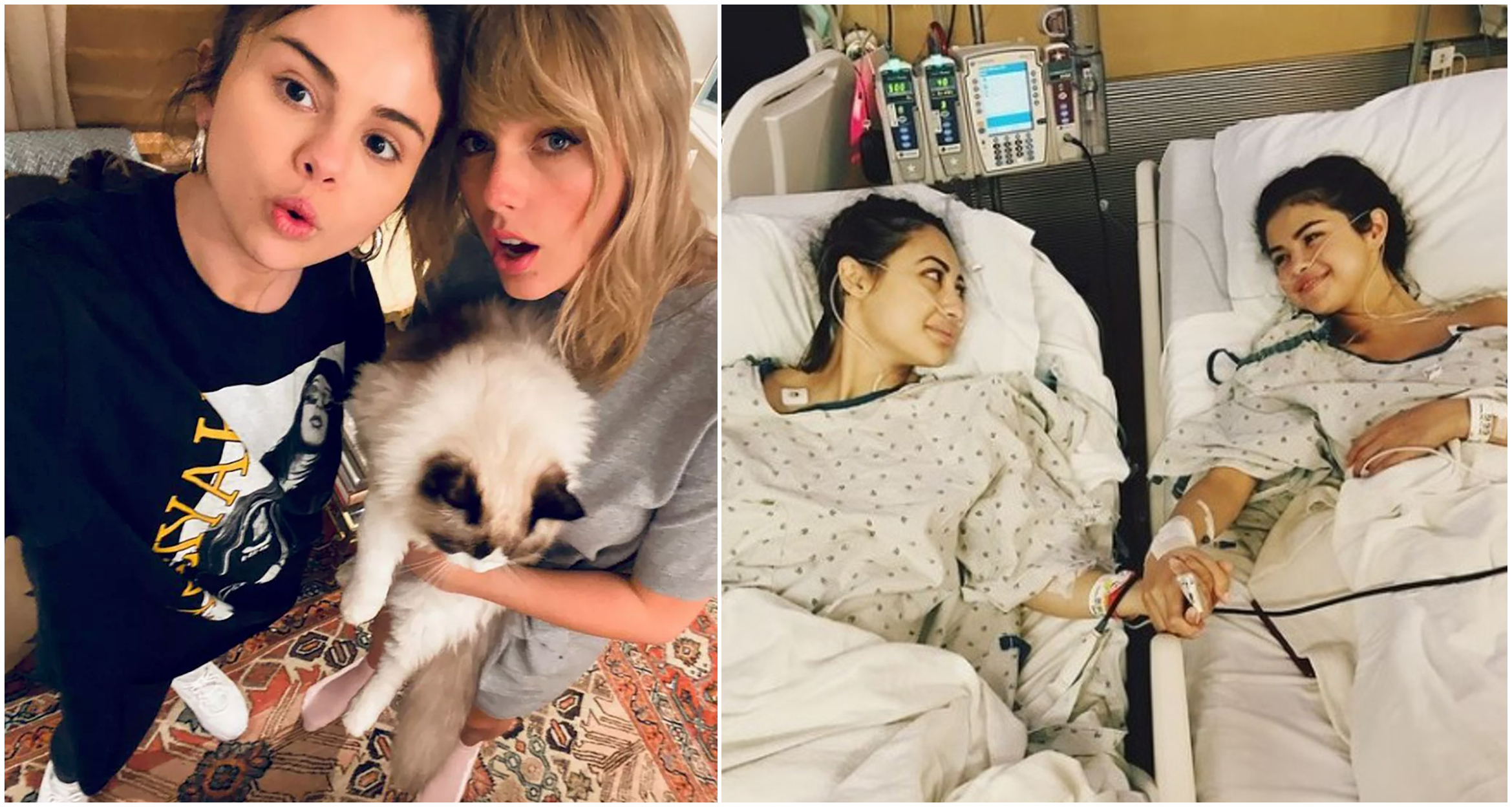席琳娜（左圖左）稱泰勒絲（左圖右）是她在圈內唯一的好友，讓昔日捐腎給她的法蘭西亞相當心寒。（翻攝Selena Gomez IG）