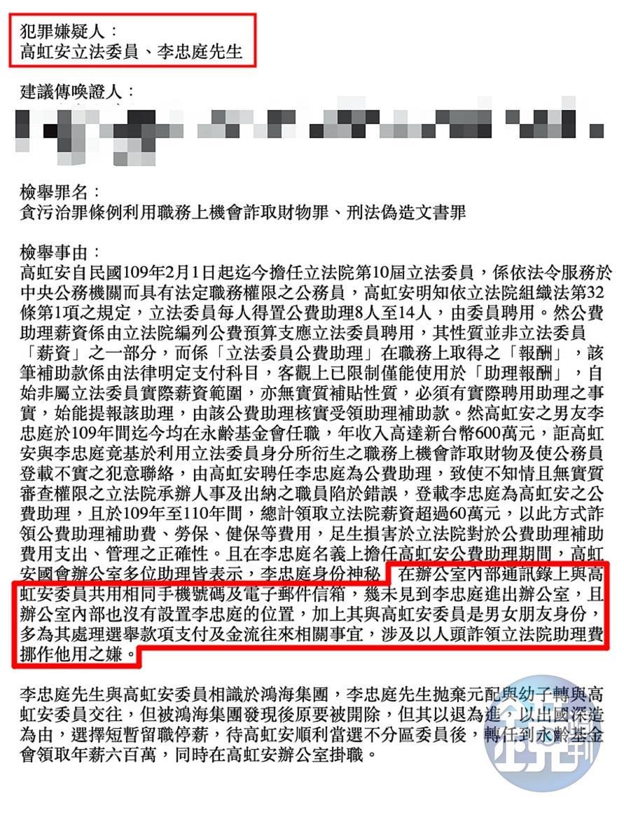 吹哨者在檢舉函二裡指控,高虹安涉嫌以人頭詐領立院助理費挪作他用。(吹哨者提供)