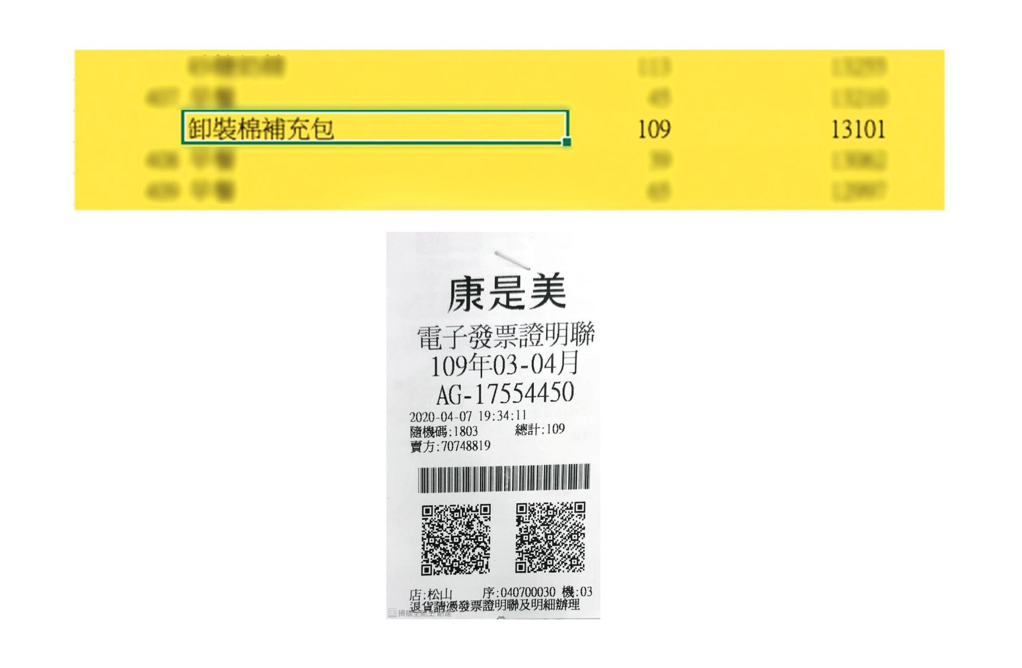 林耕仁出示卸妝棉補充包收據等資料,質疑高虹安將公費助理的加班費當成個人小金庫。(林耕仁競辦提供)