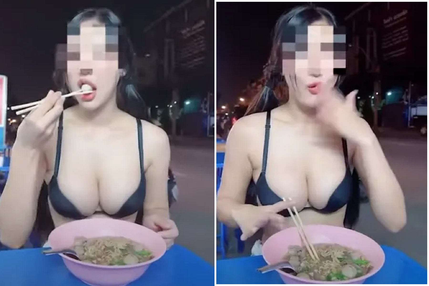 妹子路邊攤吃麵意外高潮！「巨峰葡萄奶奶」彈出來，她辣到乳晃頭暈。（翻自《Sanook》）