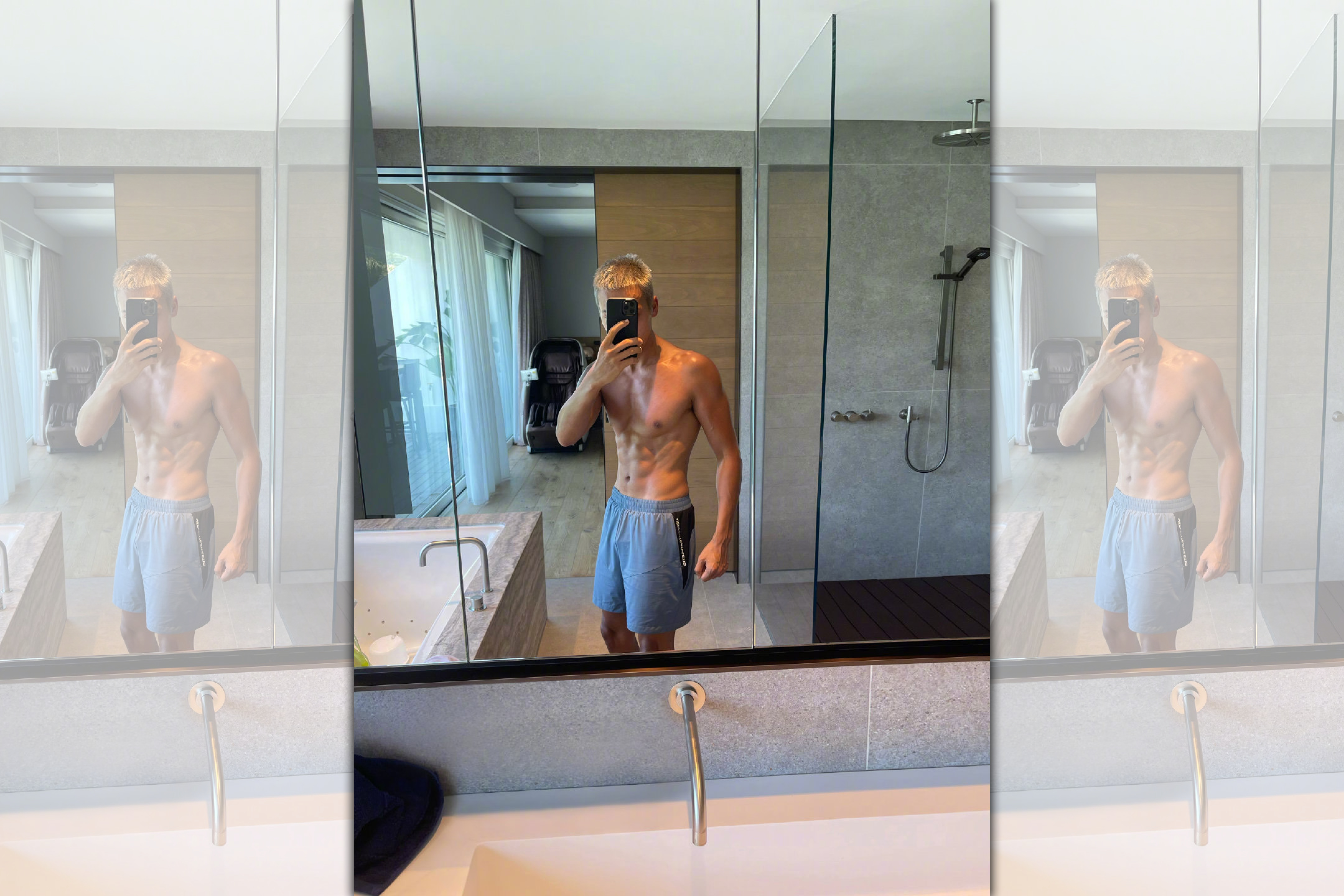 陳偉霆在微博曬出身材照，露出結實身材，胸肌以及肚子上的6塊肌塊塊分明。（翻攝自陳偉霆微博）