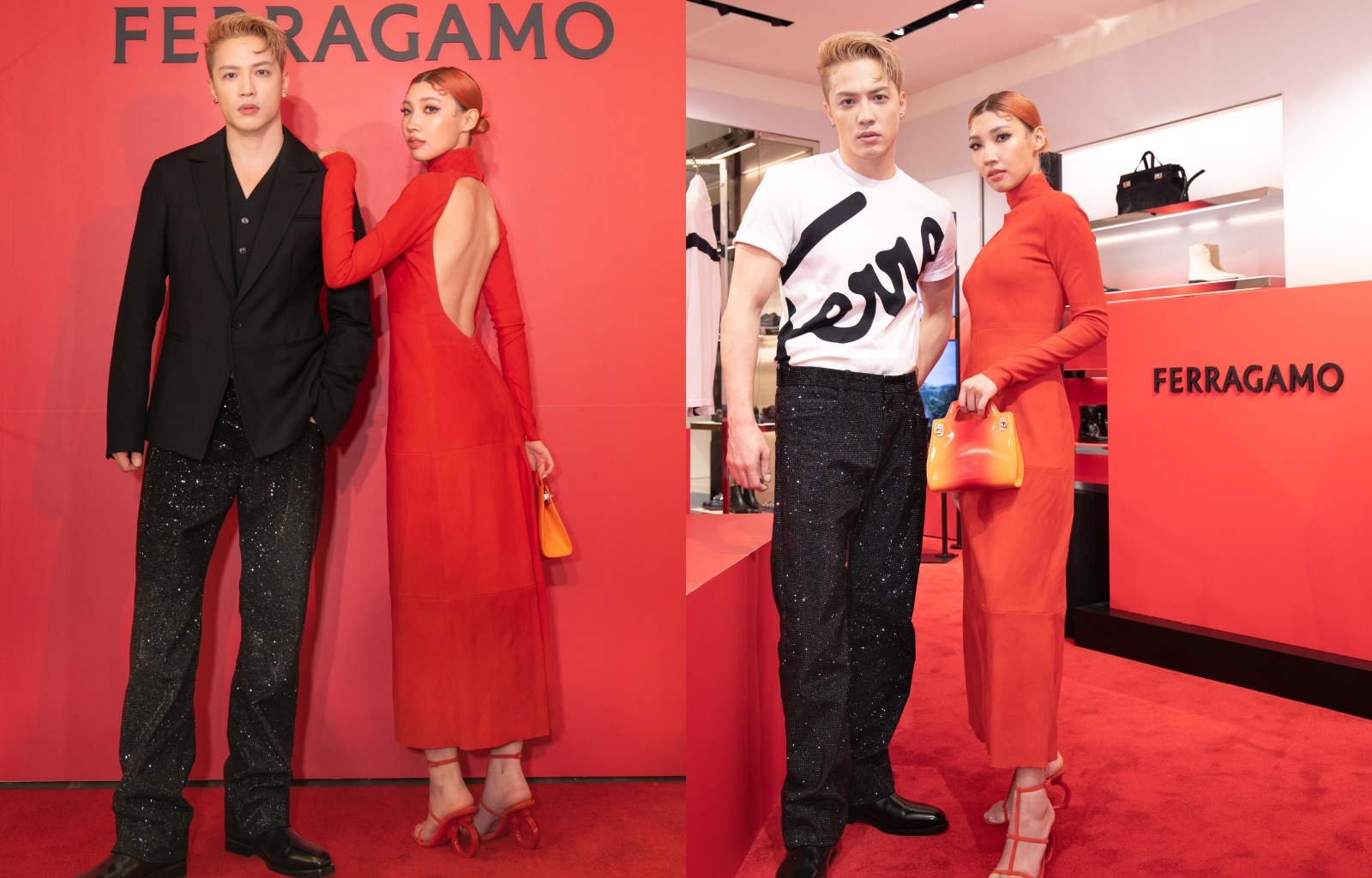 .J.Sheon與Karencici連袂演繹FERRAGAMO新任創意總監Maximilian Davis 2023的春夏新作。（FERRAGAMO提供）