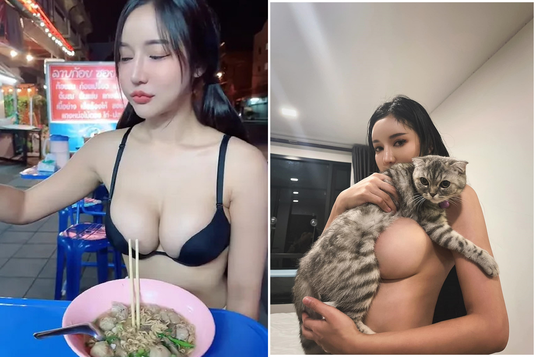 「巨峰葡萄奶奶」吃麵太辣晃到暈，本尊曝光！乳浪波濤洶湧太超過。（翻自臉書）