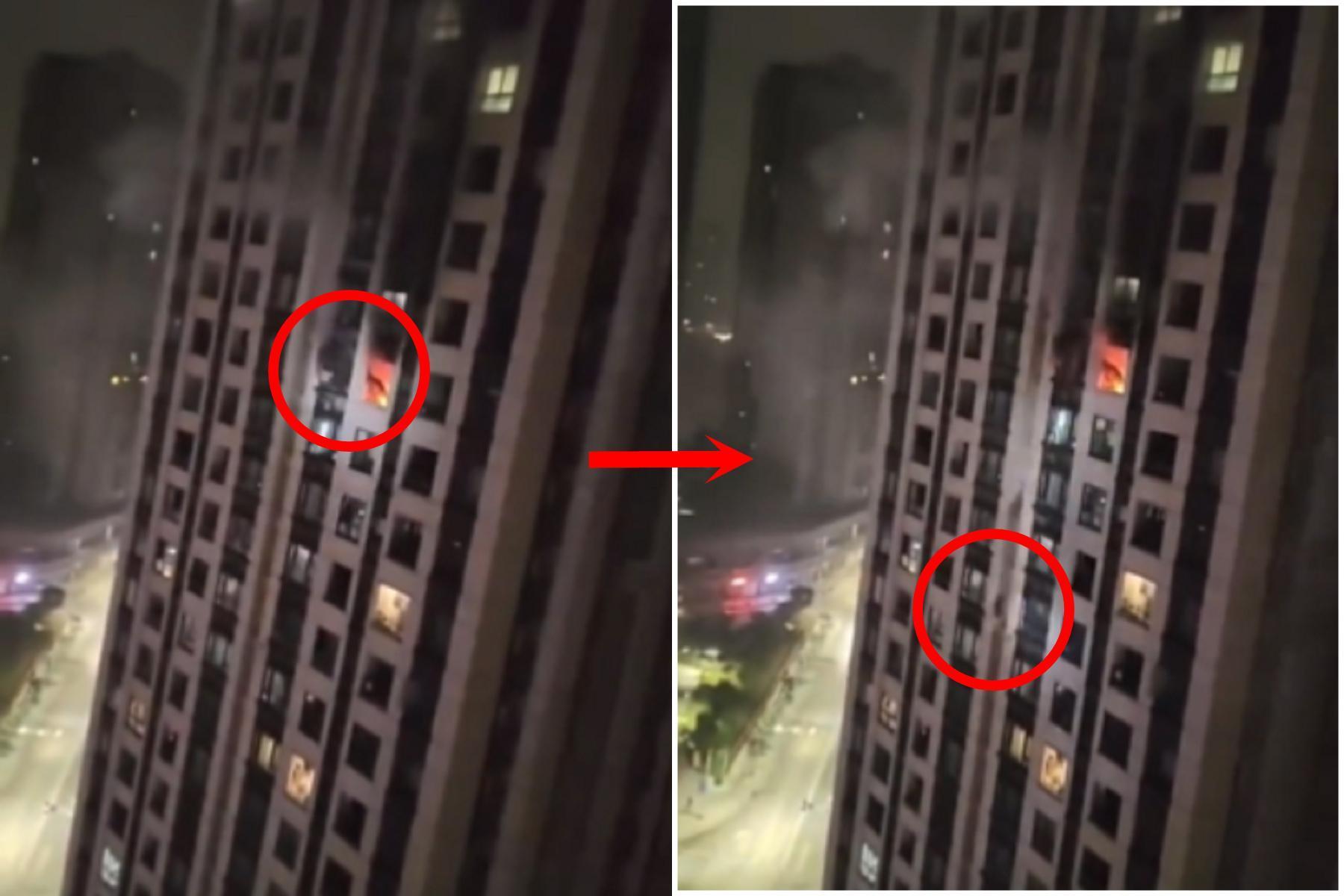 中共過度防疫，火災照封樓！屋主逃不出被迫跳下20多層樓墜地。（翻自推特）