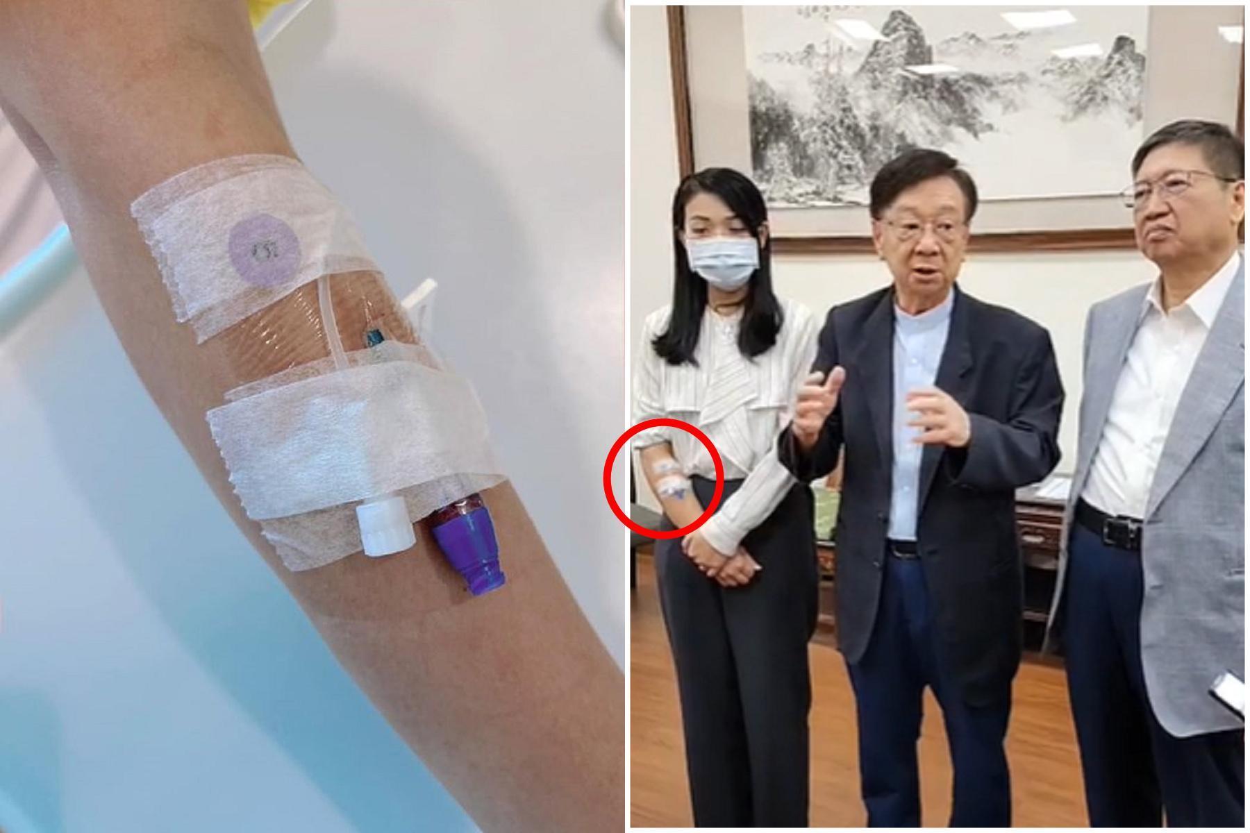 高虹安出院啦！「點滴還沒打完」手臂黏紗布針頭，密會新竹縣長楊文科(右)，中間為宣明智。（翻自臉書+《聯合報》直播畫面）