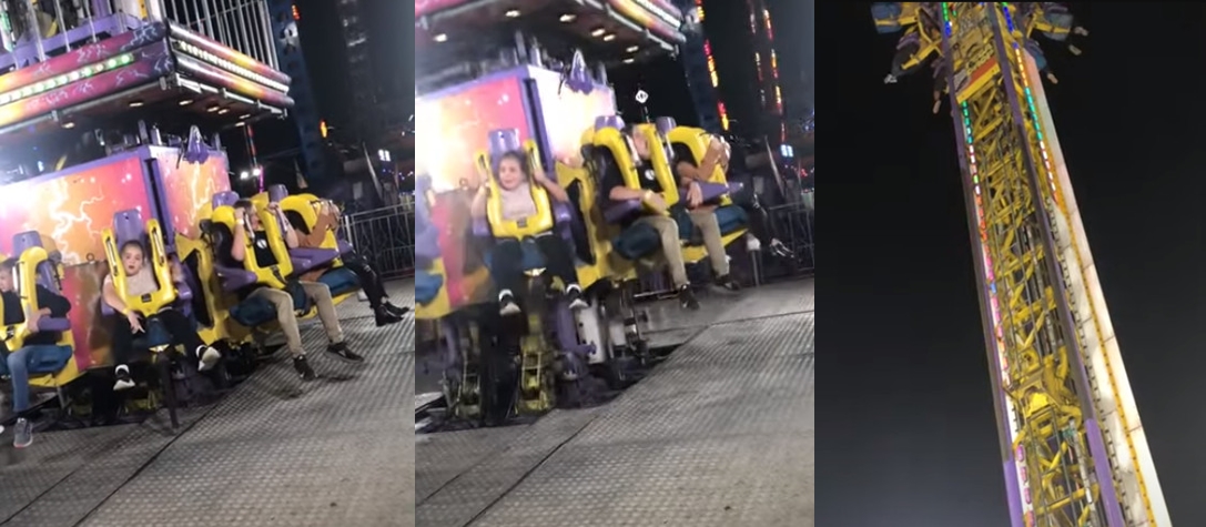 女童察覺工作人員未幫她扣上胯下安全帶，當設施啟動上升時露出驚恐表情。（翻拍YouTube頻道「WKRG」）