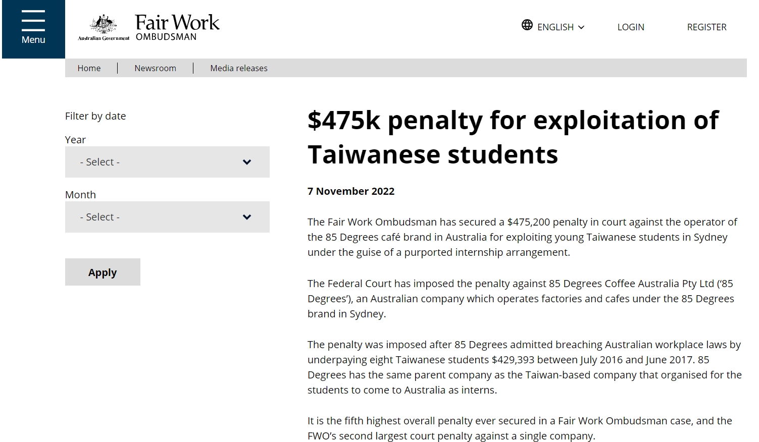 FWO指出,85度C遭澳洲法院重罰47.52萬澳元。(翻攝自FWO官網)