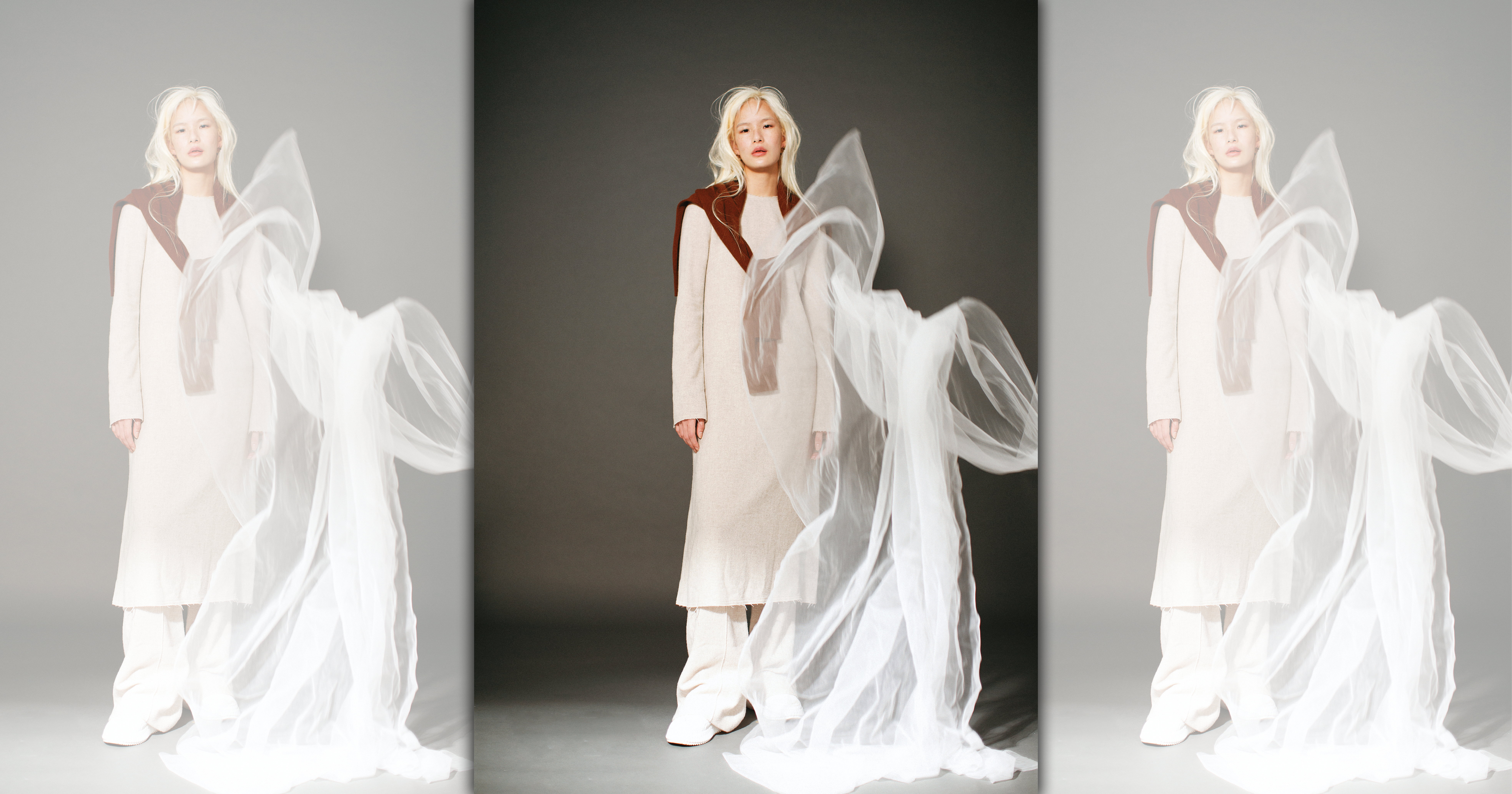 針織上衣（當披肩） NT$39,000 by Berluti／卡其再生薄紗喀什米爾羊絨洋裝 NT$58,800 by Chloé／卡其再生薄紗喀什米爾羊絨長褲 NT$37,500 by Chloé／Nama白色休閒運動鞋 NT$24,200 by Chloé