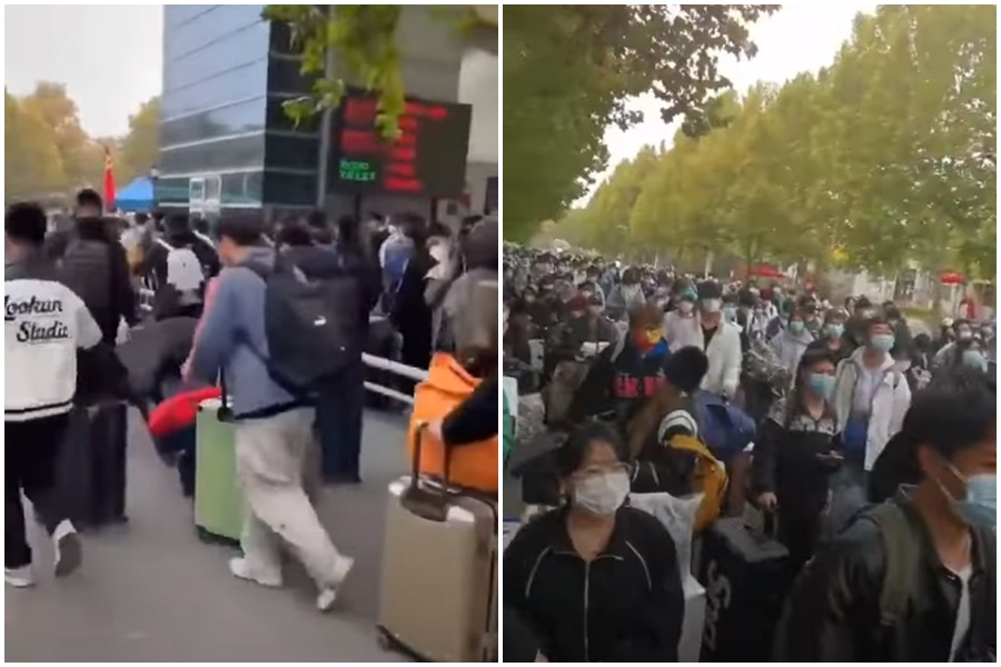 鄭州當地黃河科技學院驚傳因疫情加劇，大批學生緊急收拾行李，離校返鄉。（翻攝自YouTube）