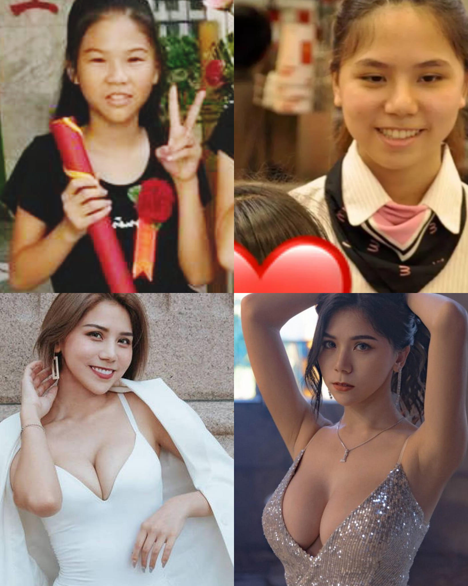 網友自製4格照對比YouTuber蕾菈新舊照,遭本人澄清左上照片不是她。(翻攝社團「爆廢公社」)