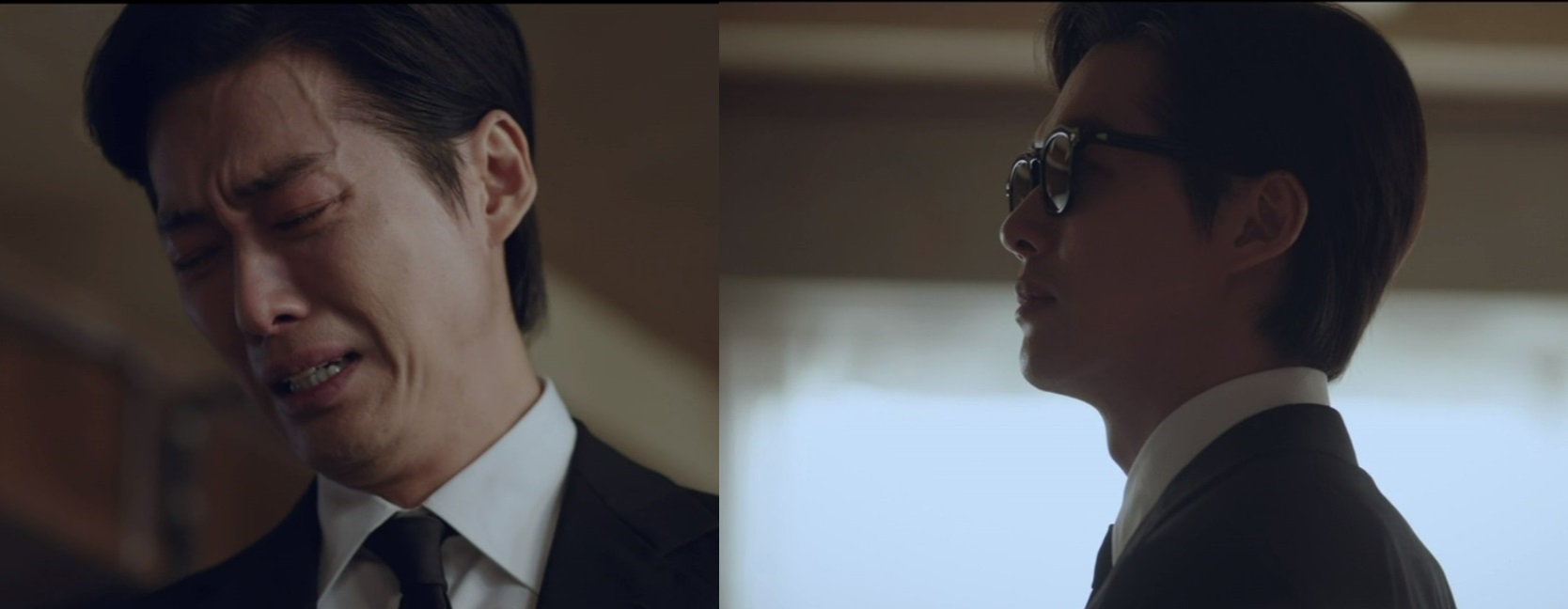 南宮珉在《千元律師》痛失未婚妻悲痛不已，落淚後戴上墨鏡（右圖）迎接律師事務所的委託人一幕，是他的即興演出。（翻攝自Disney+畫面）