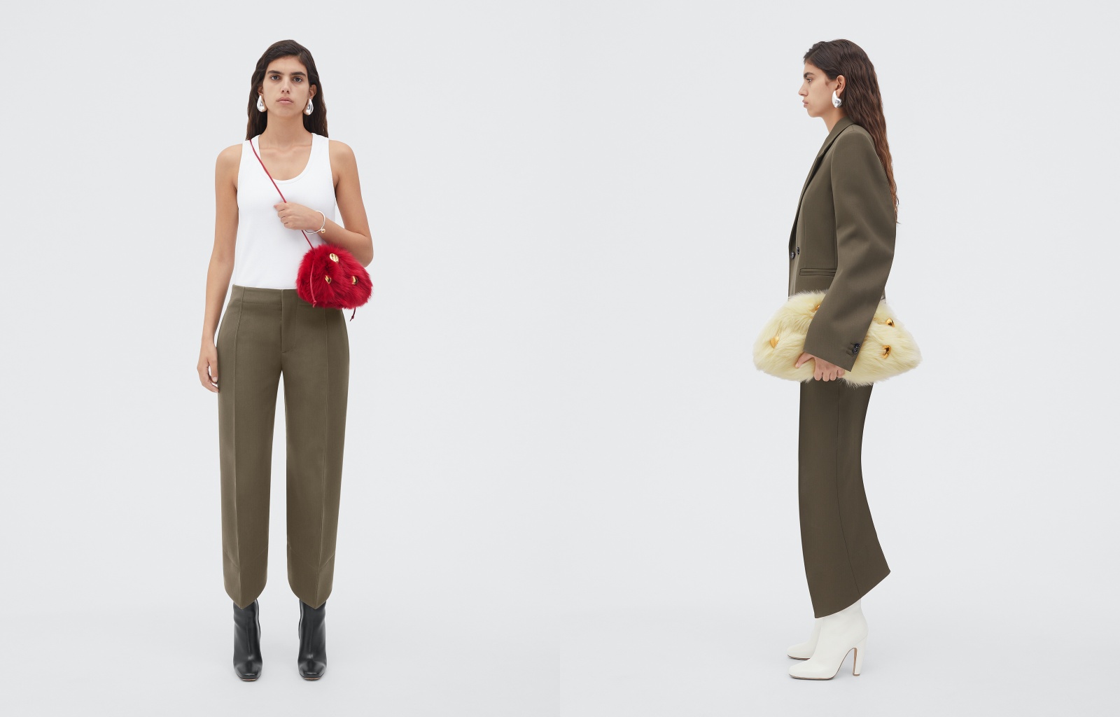 Pouch紅色剪羊毛金屬裝飾手拿包（左）NT$93,800、Pouch剪羊毛金屬裝飾手拿包NT$135,300。（BOTTEGA VENETA提供）