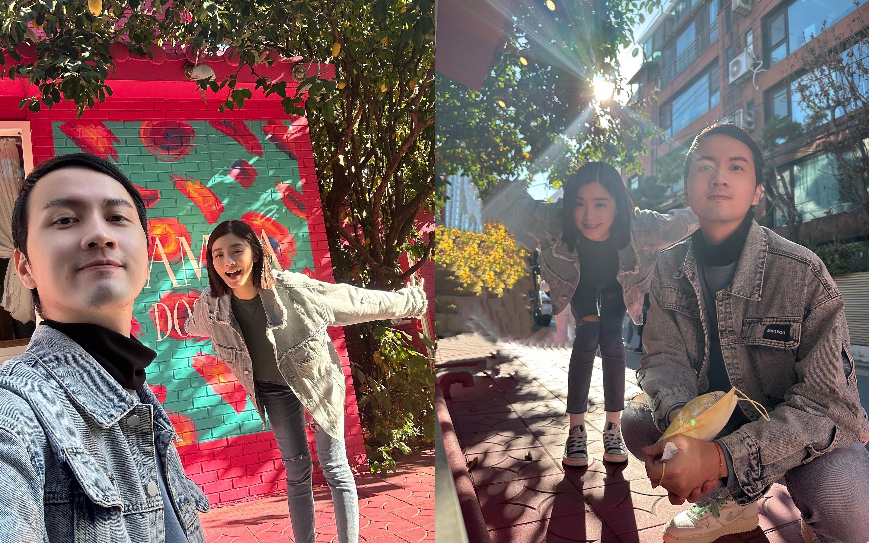 夏如芝（左圖右、右圖左）跟老公張捷（左圖左、右圖右）日前分享在韓國玩的照片，顯示目前過得還算可以。（翻攝夏如芝臉書）