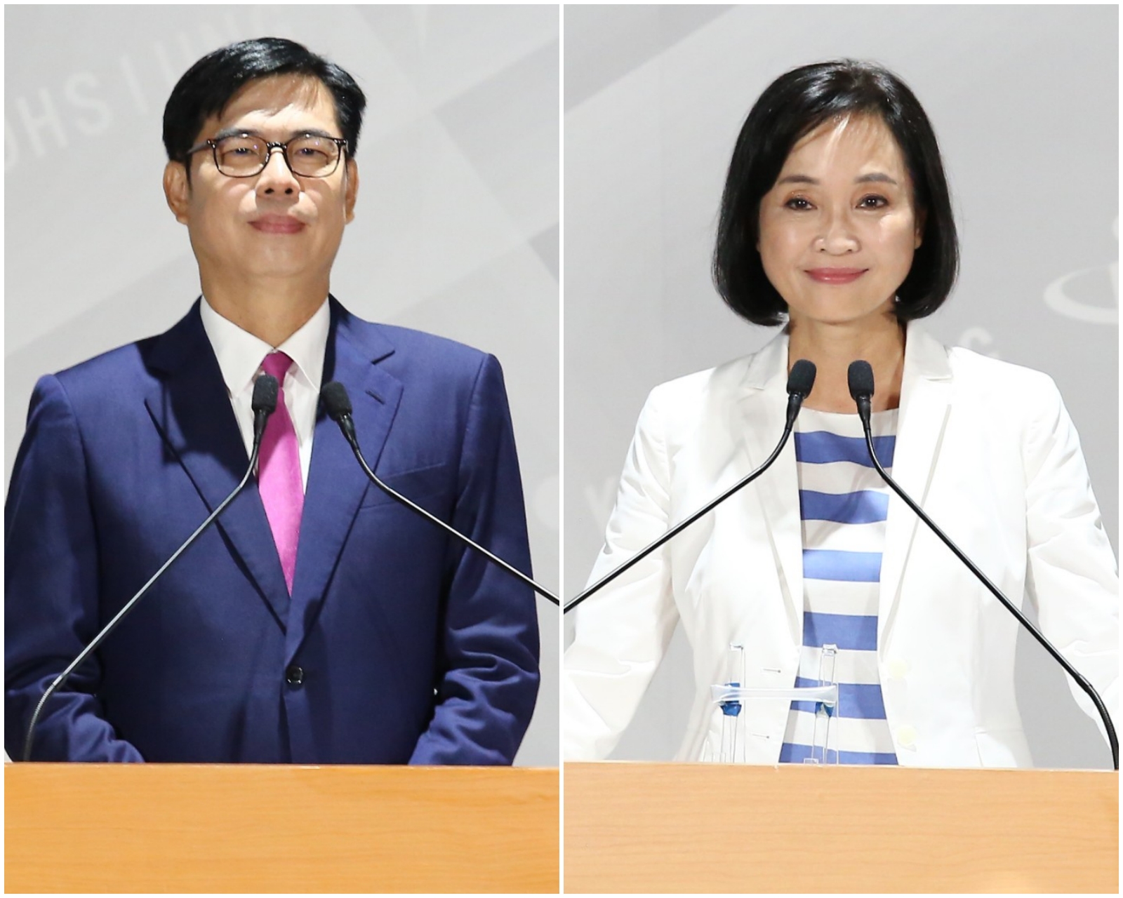 柯志恩（右）在政見申論時，就點出高雄人口流失問題，陳其邁（左）後來回應是「少子化的結果」。（高雄市選委會提供）