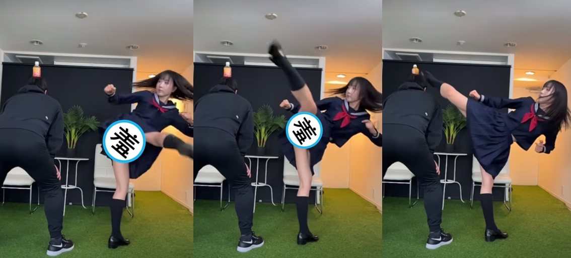 一名穿高校制服正妹使用迴旋踢將另名男子頭上的瓶子踢掉,走光露出令人害羞的「小褲褲」。(翻攝YouTube頻道「링고LYN」)