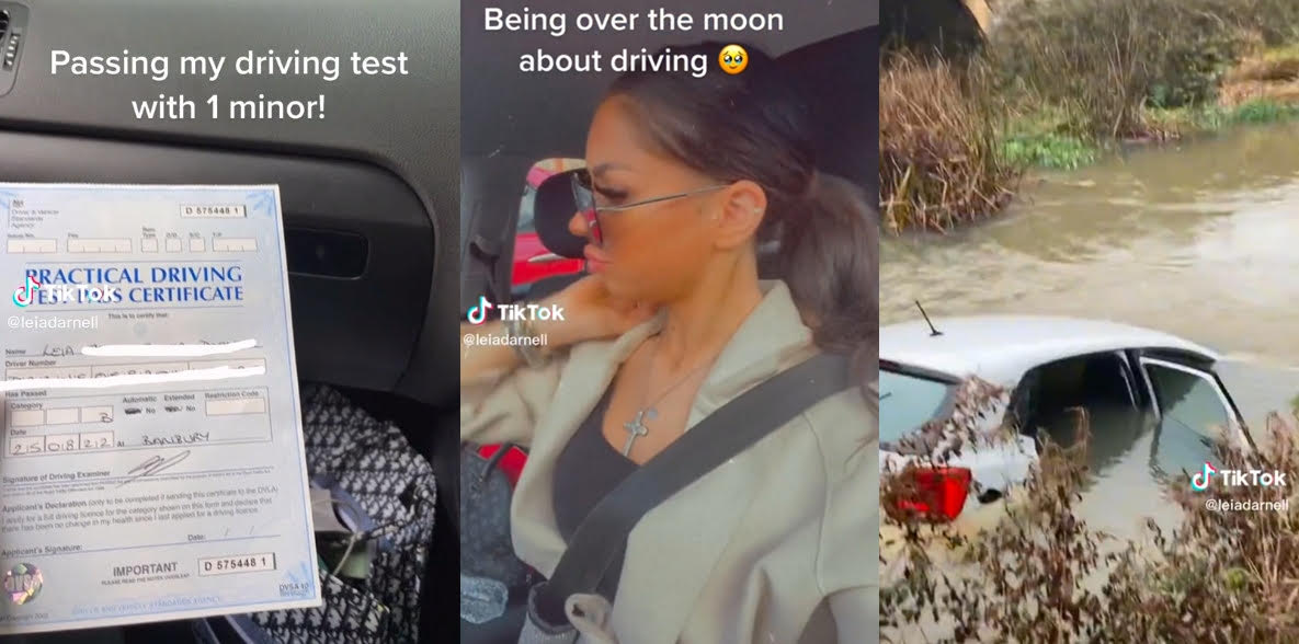英國少女萊亞剛考上駕照，沒想到開新車上路卻失控衝進湖中。（翻攝抖音@leiadarnell）