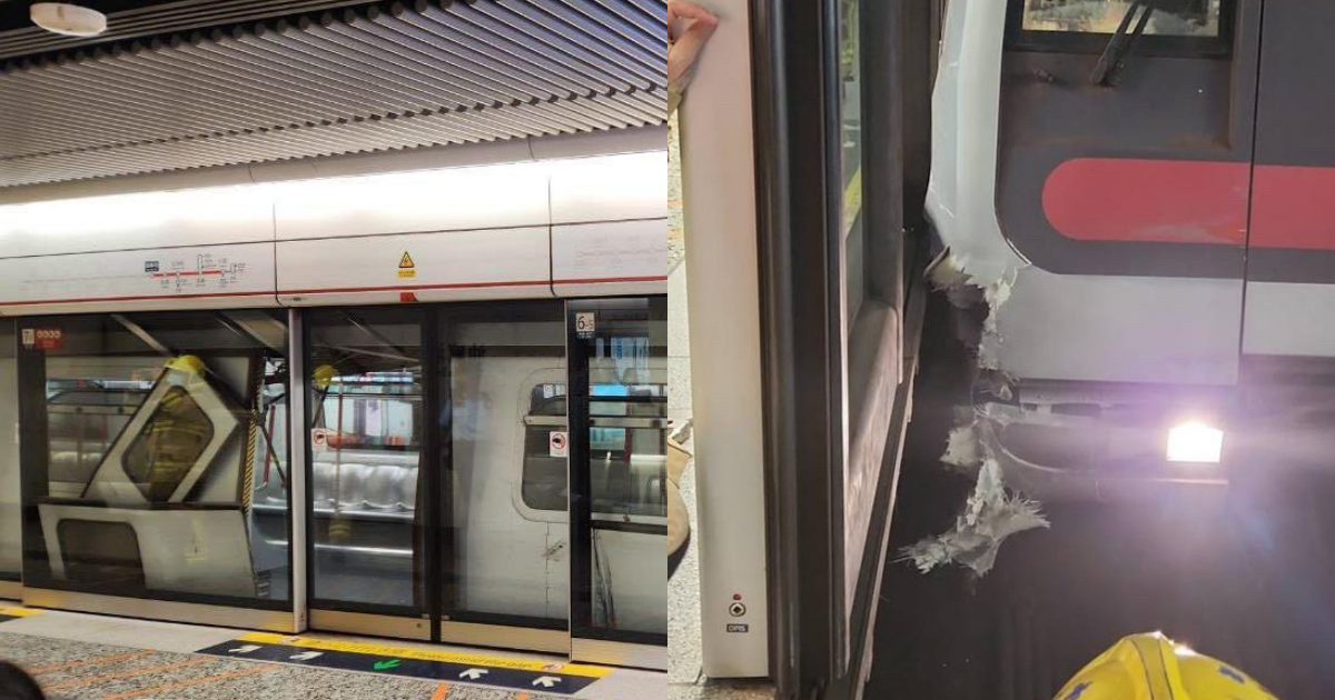 香港地鐵驚爆出軌,列車撞擊月台導致多扇門脫落。(翻攝自推特)