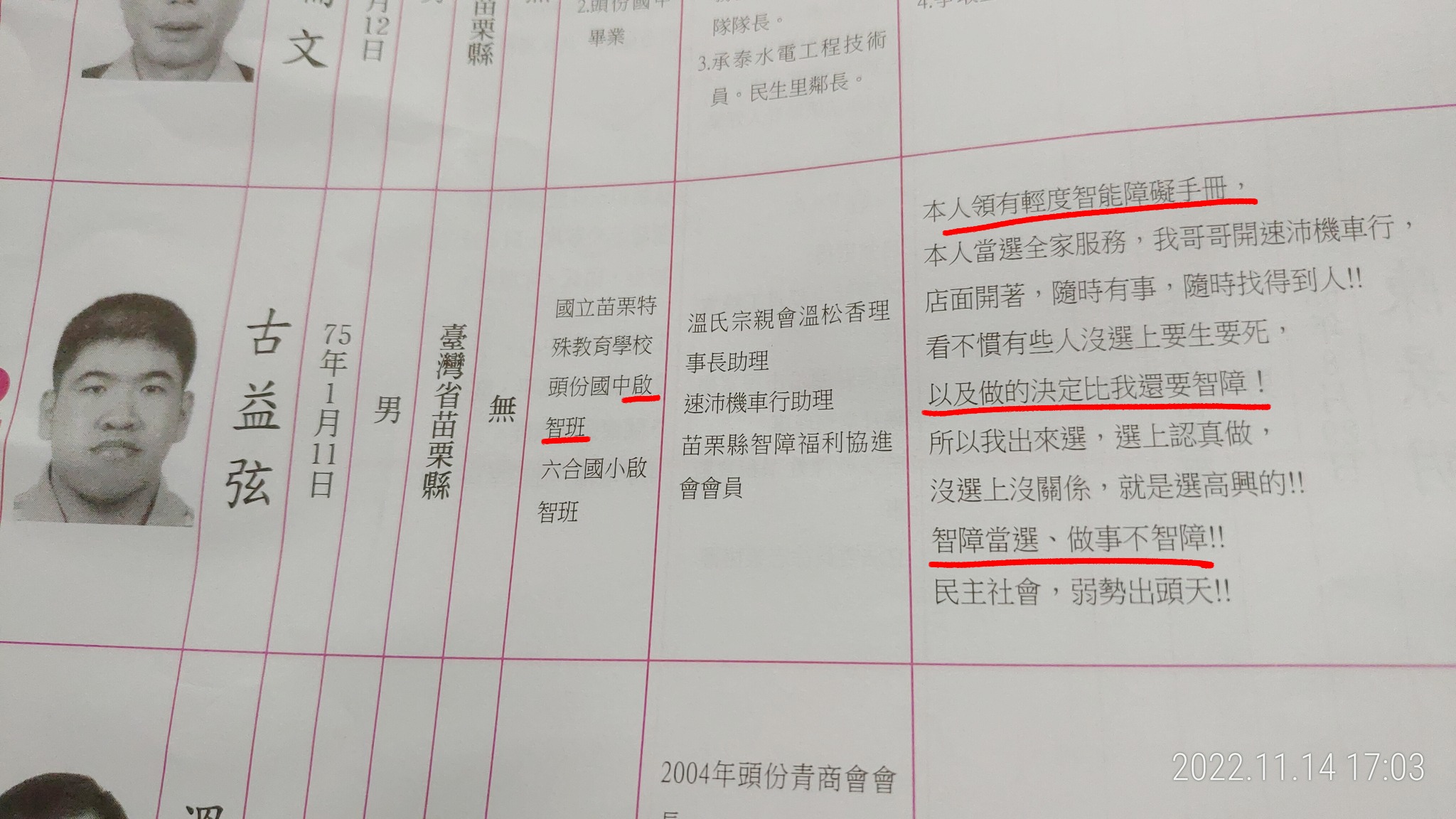 苗栗縣頭份市民生里里長候選人古益弦領有輕度智能障礙手冊，政見欄寫著「智障當選，做事不智障！！」（翻攝自Cheap臉書）