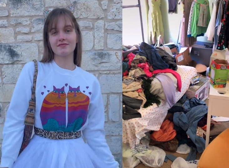 美國一名少女購物成癮，原本想藉網拍二手衣賺錢，未料變成囤積症。（翻攝抖音@lanasaintclair）