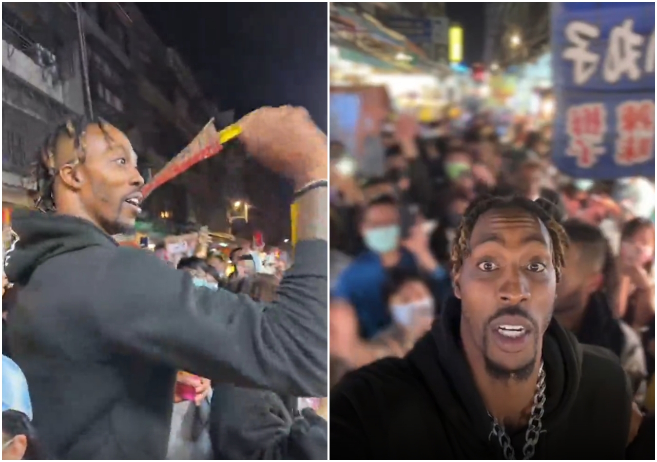 「魔獸」霍華德昨晚現身桃園的夜市，不僅品嘗起蚵仔煎、雞屁股等小吃，還找粉絲一起玩起射飛鏢。（翻攝自dwighthoward IG）