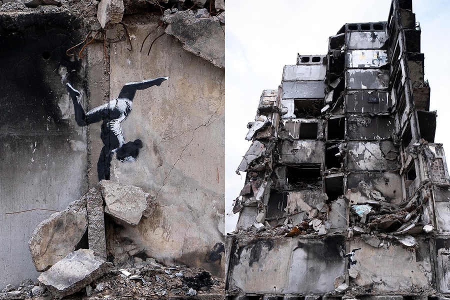 知名街頭塗鴉藝術家Banksy的畫作出現在烏克蘭的廢墟上，引發熱議。（翻攝自Banksy IG）