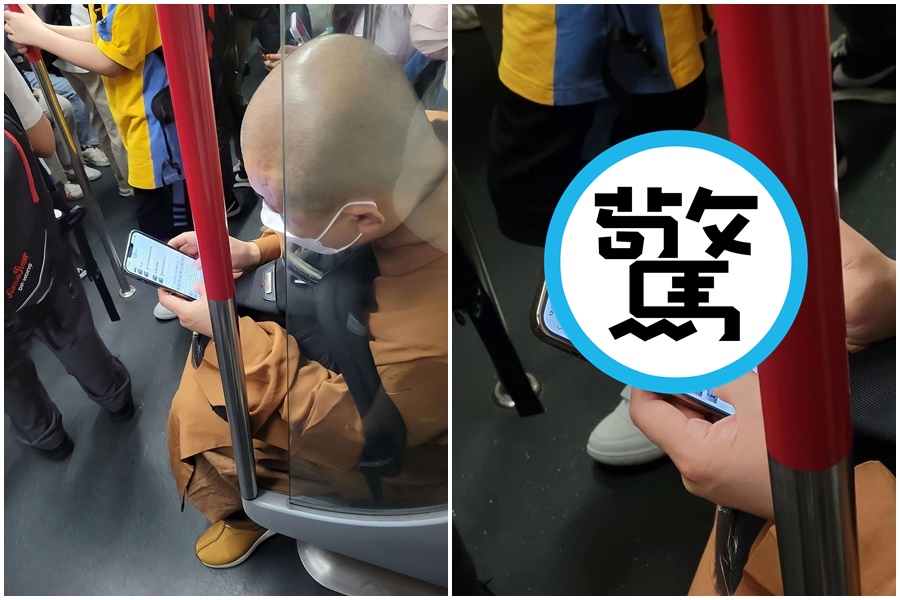 一名和尚與女性的聊天內容被其他乘客拍下，在網路上瘋傳。（翻攝自臉書「爆廢公社公開版」）