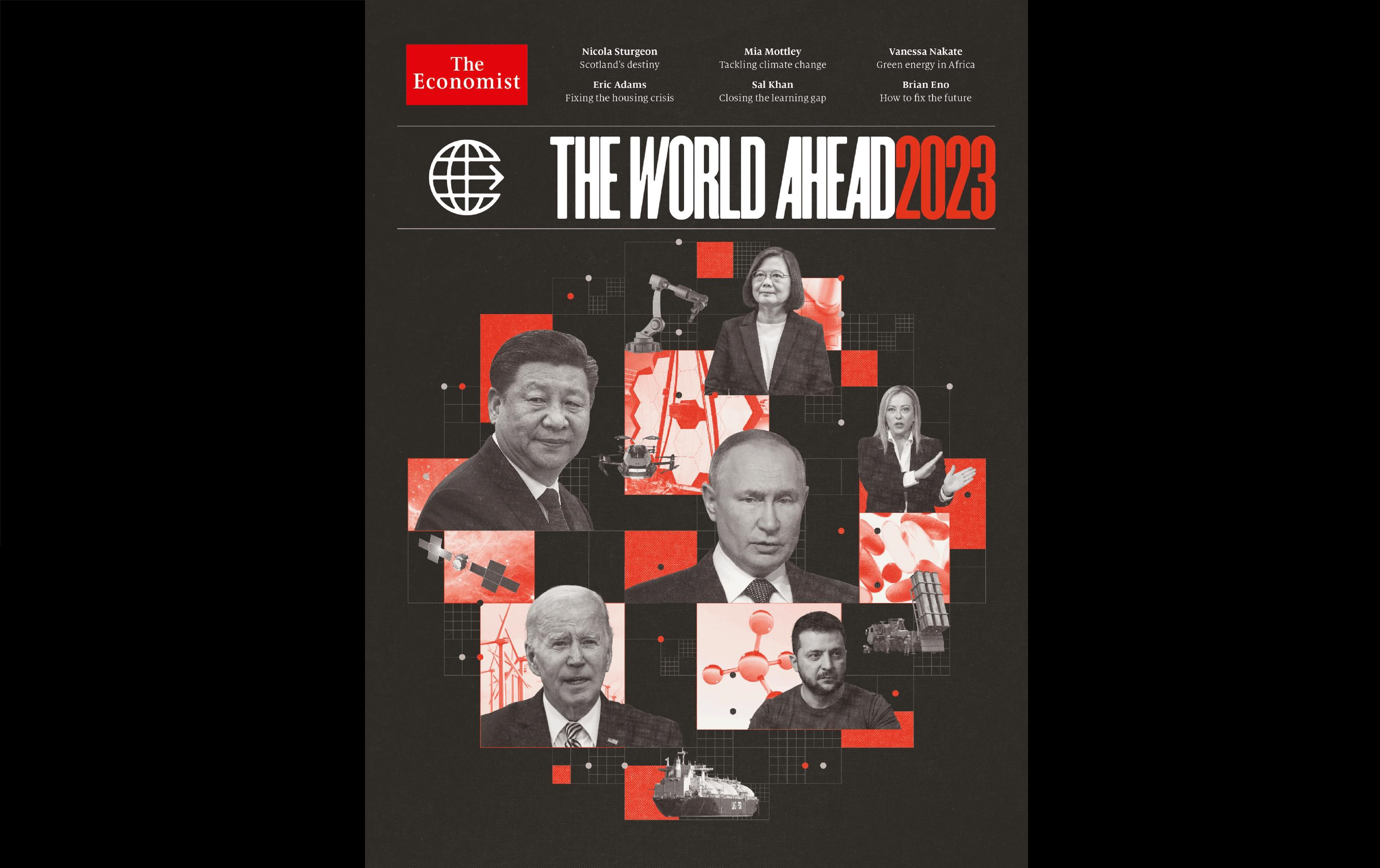 《經濟學人》2023年趨勢特輯封面，蔡英文同框拜登、習近平、普丁、澤倫斯基等領袖。（翻攝The Economist推特）