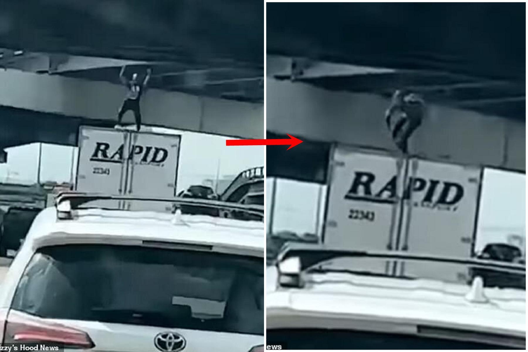 男亂爬車頂跳熱舞，下一秒撞到高架橋爆頭！身體被輾到變形慘死。（翻自《每日郵報》）