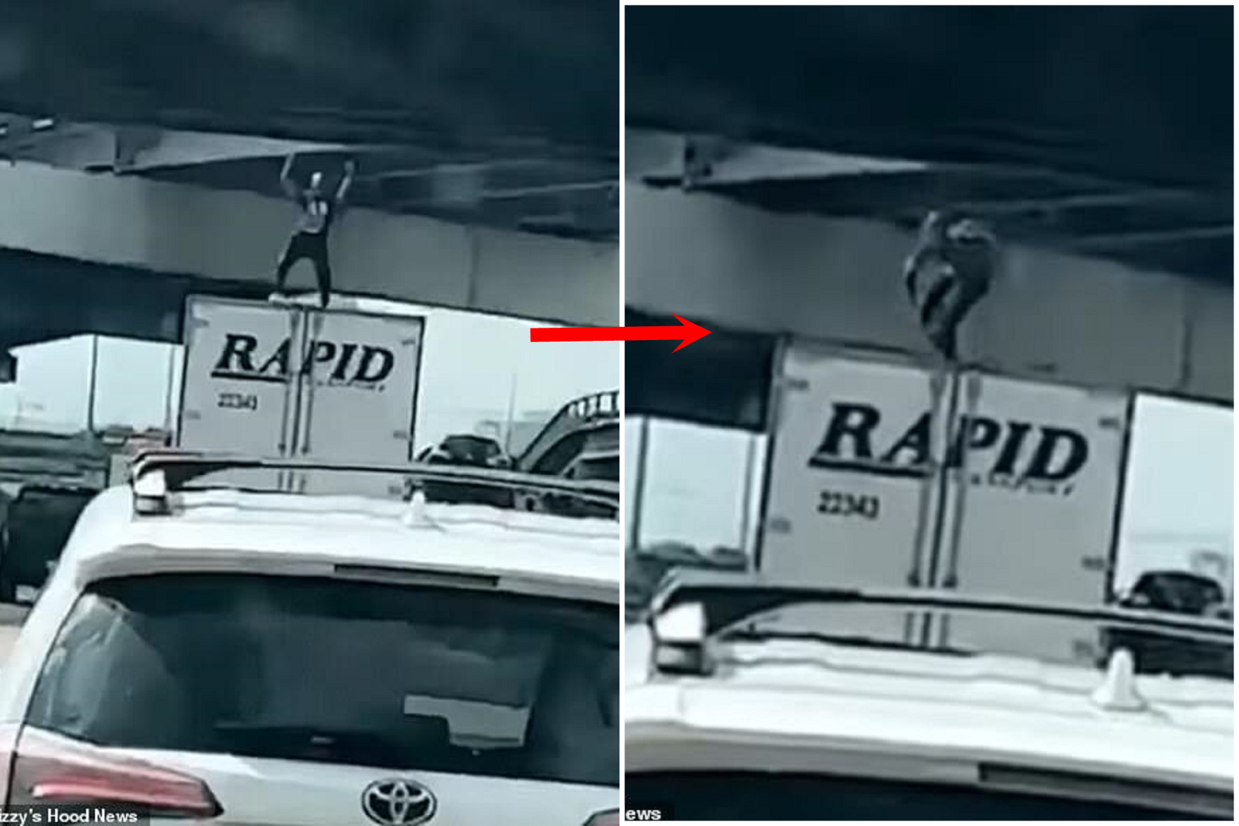 男亂爬車頂跳熱舞，下一秒撞到高架橋爆頭！身體被輾到變形慘死。（翻自《每日郵報》）