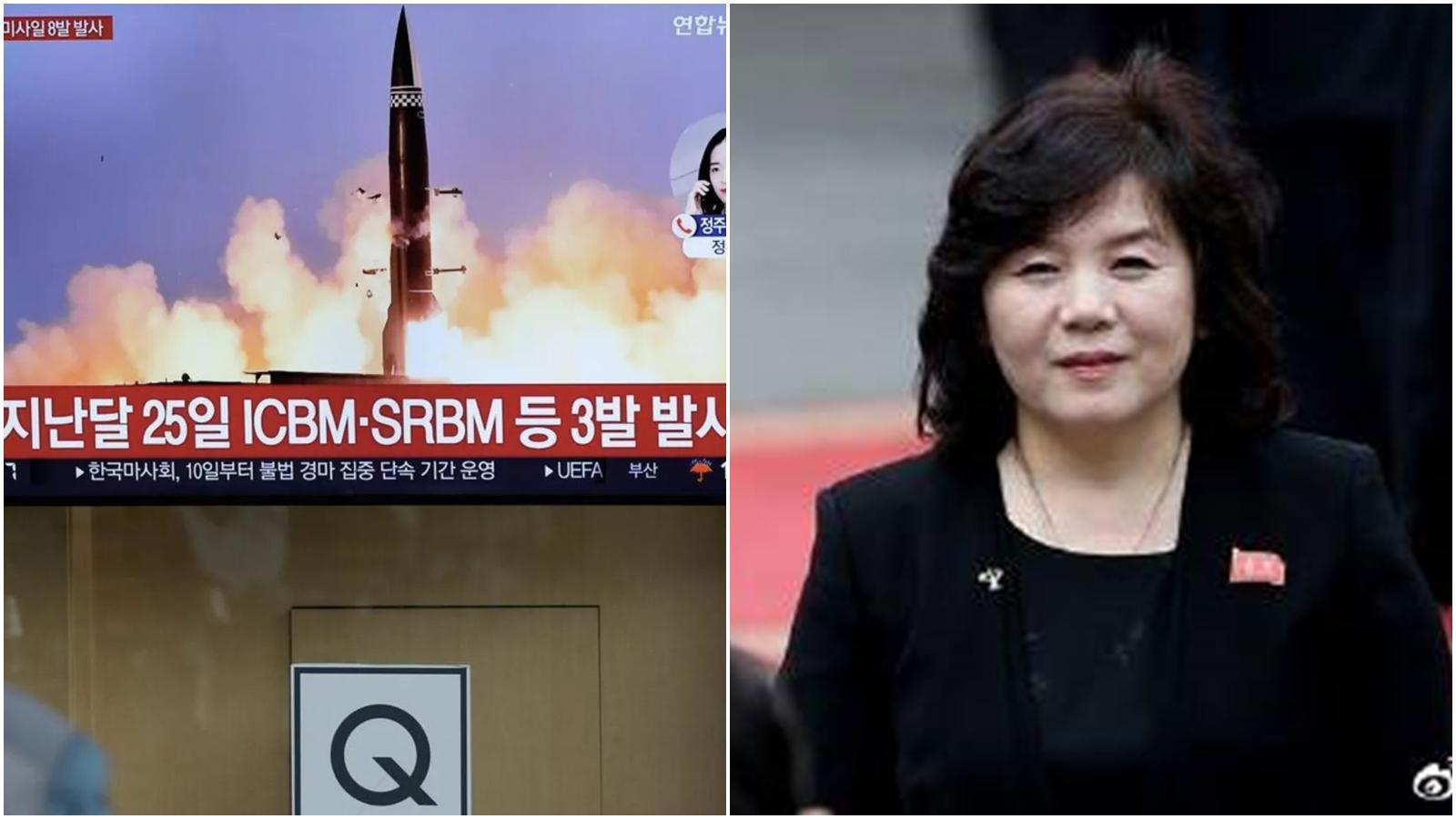 北韓時隔8天再發射彈道導彈，北韓外長崔善姬嗆「美國必定會為其賭博行為後悔」。（翻攝自微博@俄羅斯衛星通訊社、韓聯社中文網微博）
