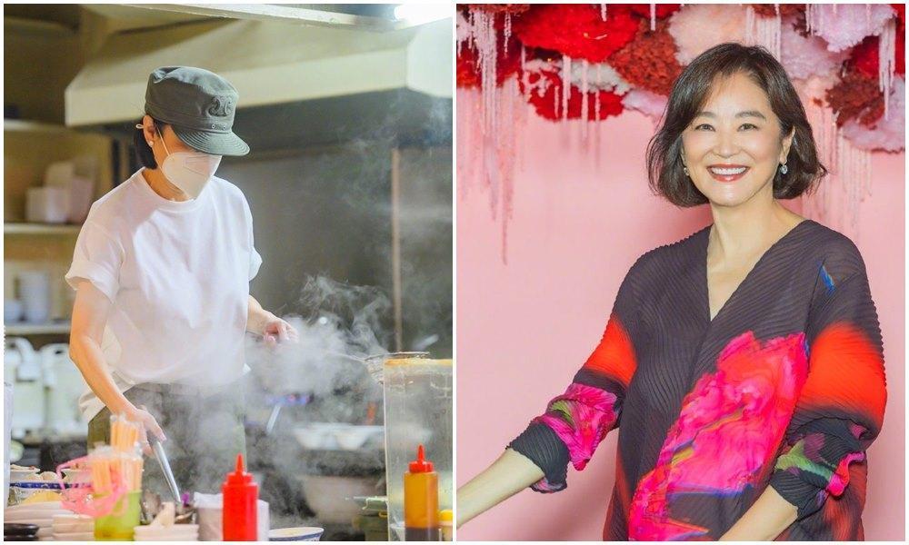 林青霞在台北的一家麵館煮麵(左圖)。(翻攝林青霞微博)