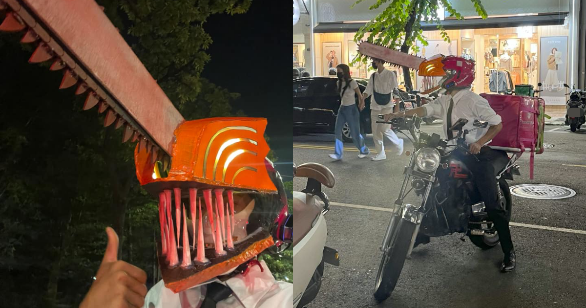 高雄一名外送員改裝安全帽化身鏈鋸人,但警方指出該頂安全帽已違規。(翻攝自路上觀察學院臉書)