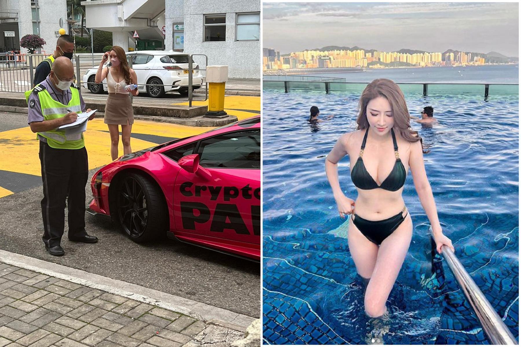 正妹開粉紅超跑違停太吸睛,網友會意「乳巨的用心」。(翻自臉書+IG)
