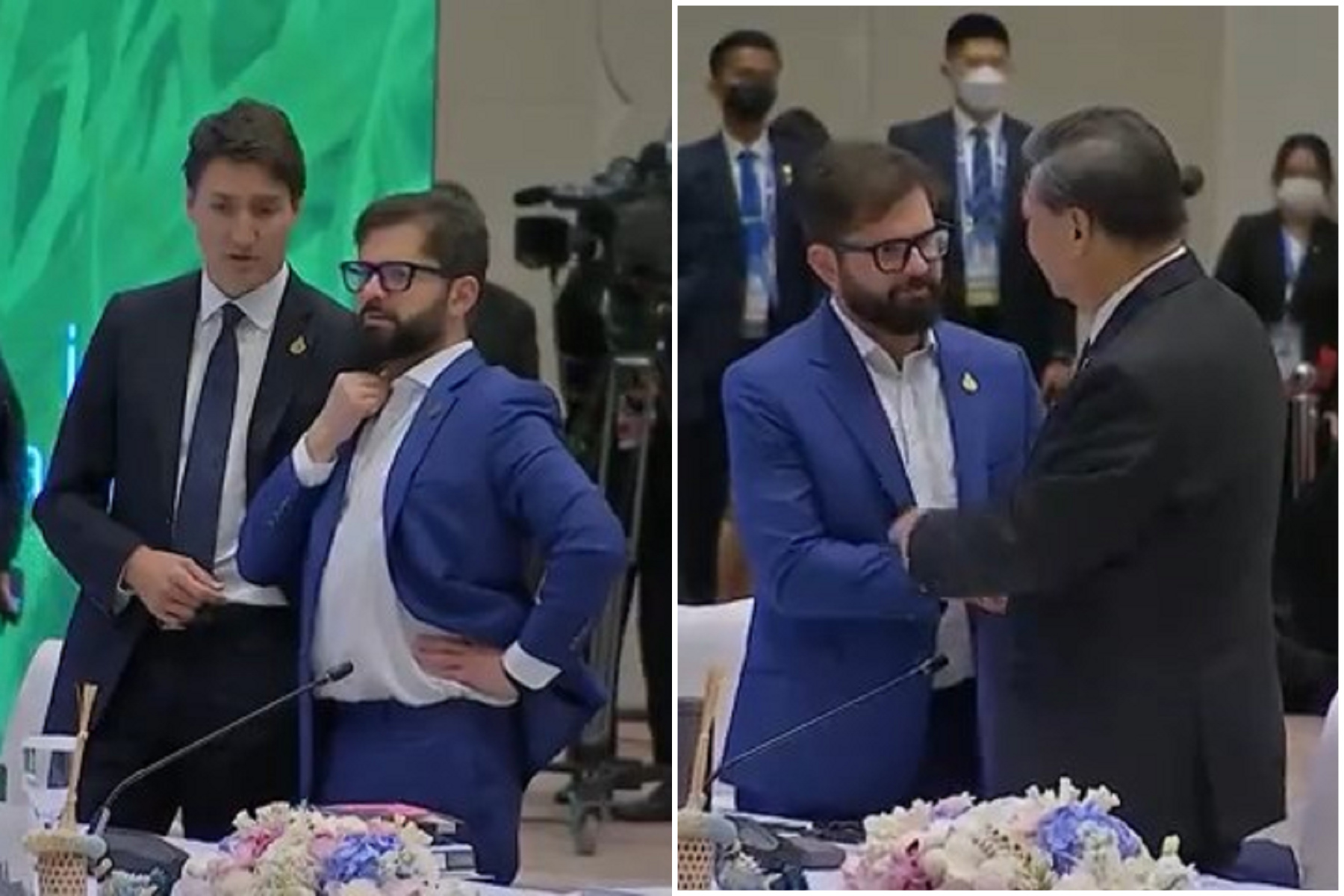 習近平與加拿大總理狹路相逢「這個男人」插中間潤滑。（翻自《彭博》推特）