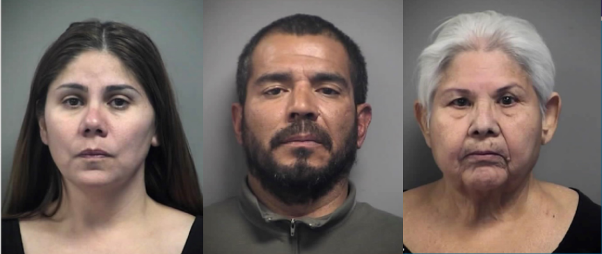 北拉斯維加斯逮捕被囚少女母親Addy Gonzales（左）、祖母Maria Pasarin（右）及一名男子Daniel Omezcua（中），三人涉嫌非法禁錮、虐童。（翻攝自北拉斯維加斯警察局）