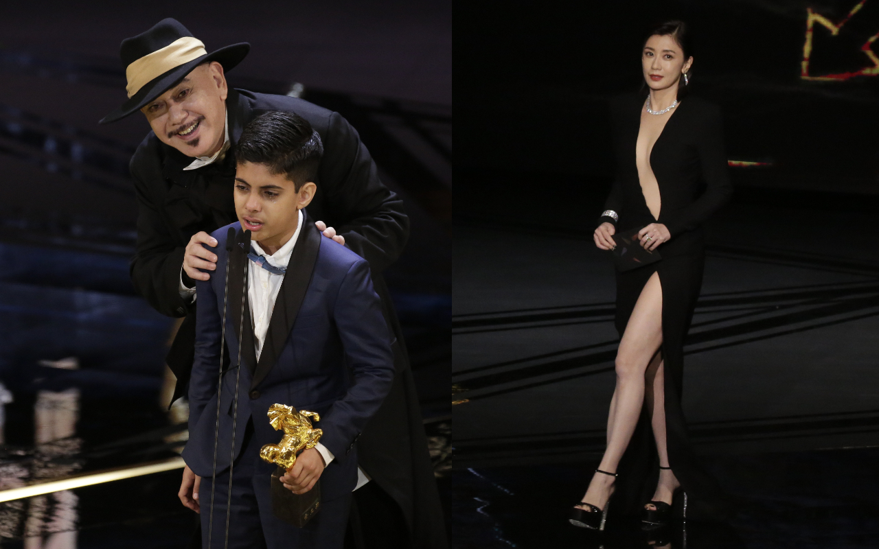 第58屆金馬影后賈靜雯（右圖）現身頒發第59屆金馬獎最佳男主角，由港星黃秋生（左圖左）獲得。