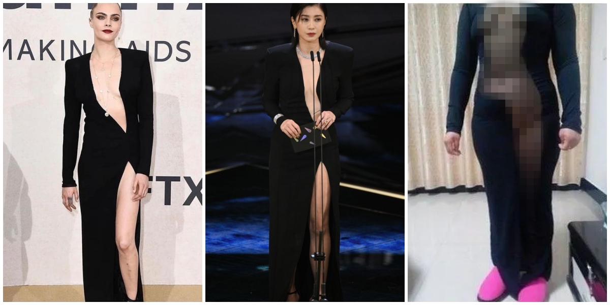 賈靜雯金馬頒獎典禮的超火辣女神裝，超模卡拉迪樂芬妮也穿過類似款，需要非常良好的體態才能駕馭，普通人不要輕易嘗試。（圖翻攝自  Eli Mizrahi臉書、賈靜雯臉書、淘寶）