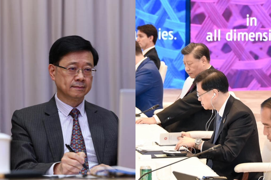 香港特首李家超(左圖、右圖前)篩檢陽性確診,之前在泰國時曾坐在習近平(右圖後)旁邊。(翻攝自李家超臉書、@APEC2022TH Twitter)