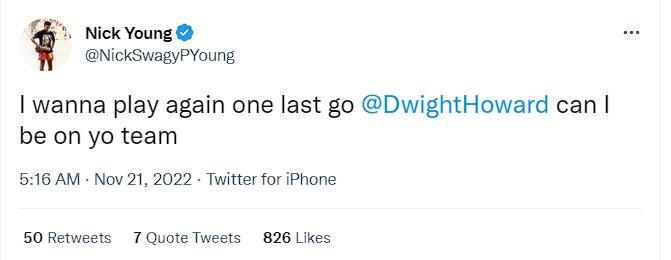 尼克楊公開發文問霍華德「我可以跟你同隊嗎」。(翻攝自推特@NickSwagyPYoung)