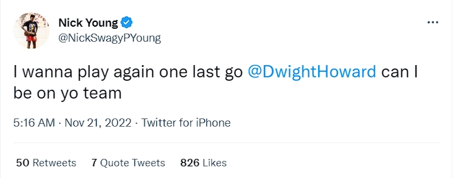 尼克楊公開發文問霍華德「我可以跟你同隊嗎」。（翻攝自推特@NickSwagyPYoung）