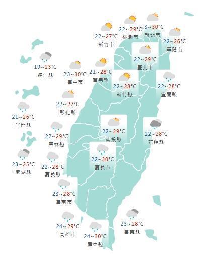 全台各地今日白天天氣狀況。(中央氣象局提供)