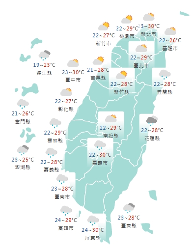 全台各地今日白天天氣狀況。(中央氣象局提供)