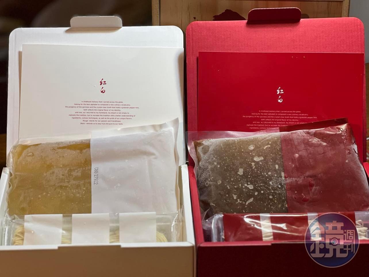 紅白二種湯頭使用不同的麵條搭配。 