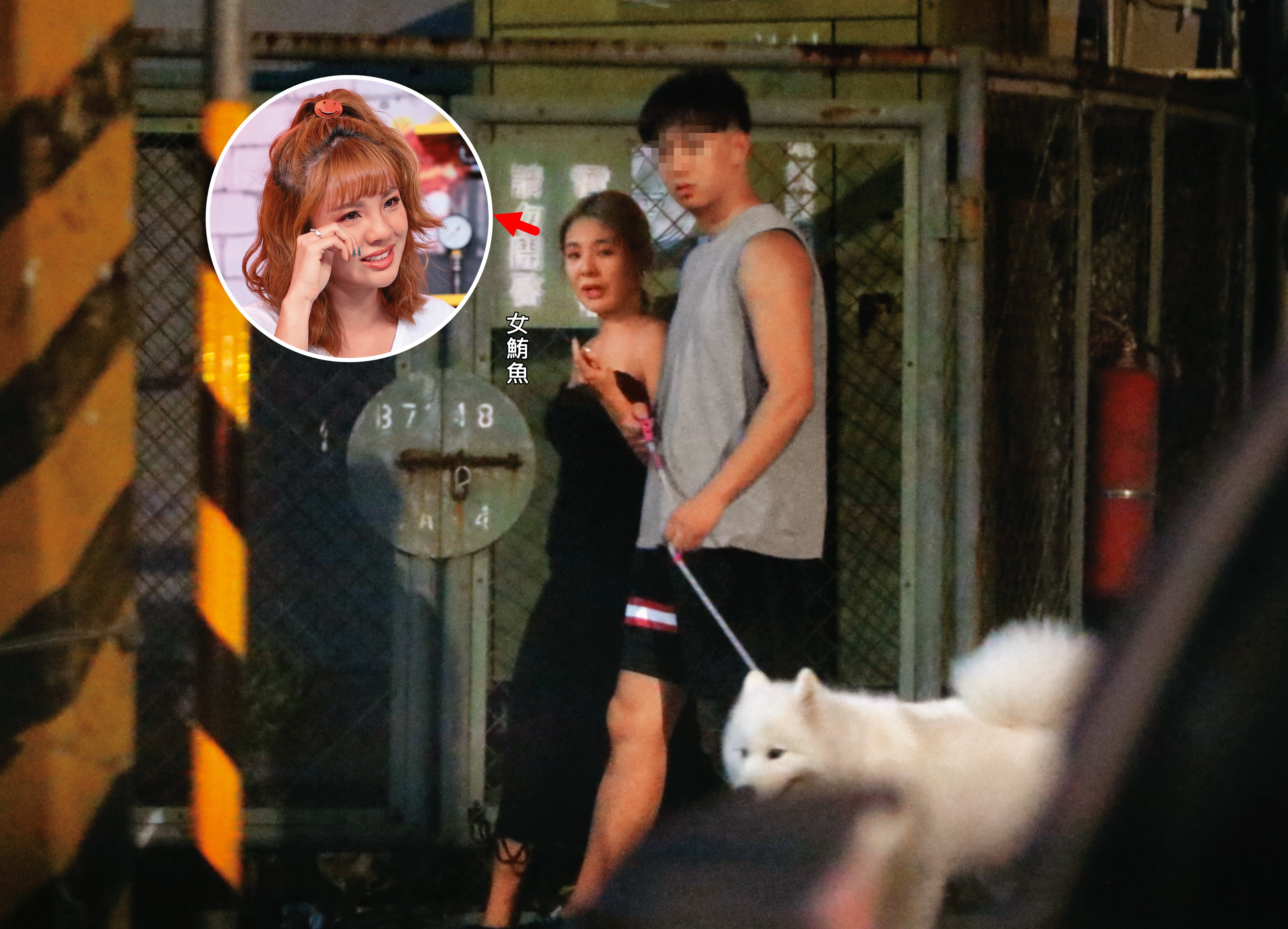 11/10 23 : 59，女鮪魚（左）與嫩男（右）帶狗「一家三口」漫步在社區的公園與空地，與李佳穎的戀愛生活可以分庭抗禮。