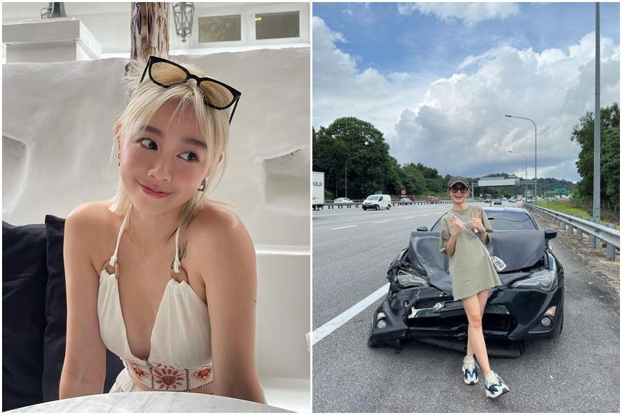 大馬女神何戀慈在高速公路發生車禍,車頭全毀變形。(翻攝自何戀慈IG)