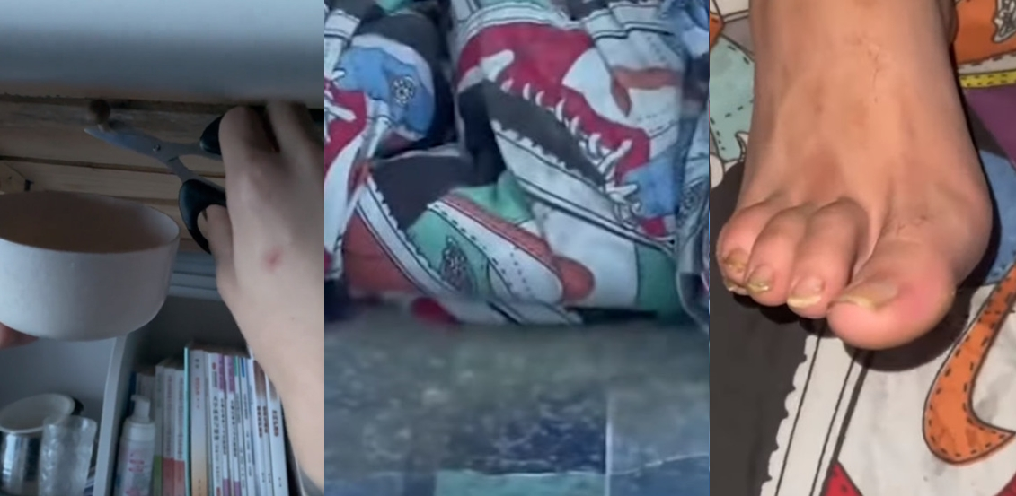 中國男大生小博在抖音上傳影片揭開室友的骯髒行徑。（翻攝抖音）