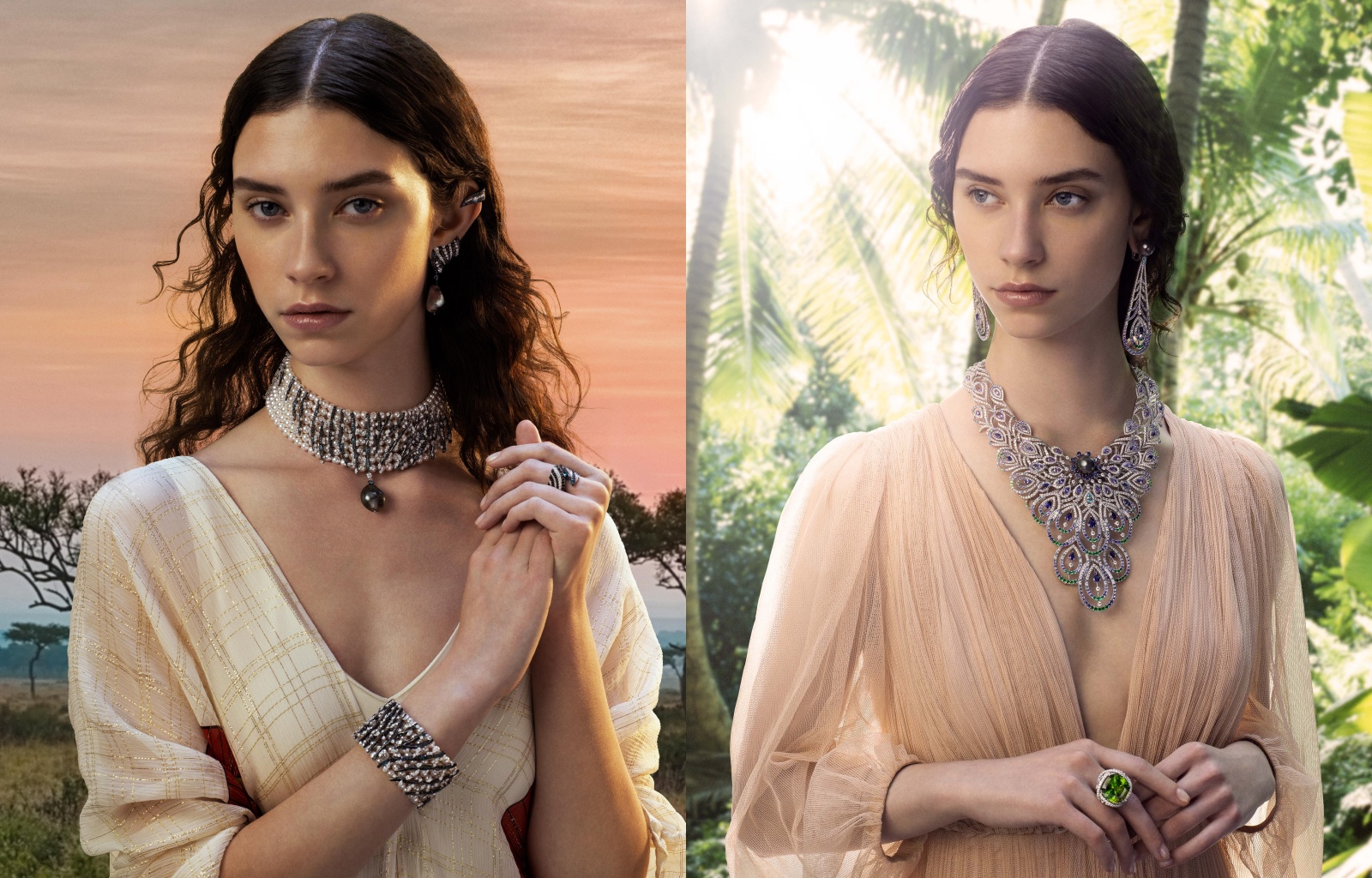 （左起）Model示範斑馬紋造型項鍊、手環、不對稱耳環以及價值高達2960萬元的孔雀羽毛造型項鍊與耳環套組。（MIKIMOTO提供）