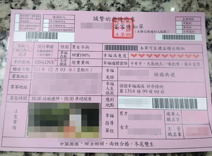 一對新人用罰單的款式設計喜帖。（翻攝自爆廢公社公開版）