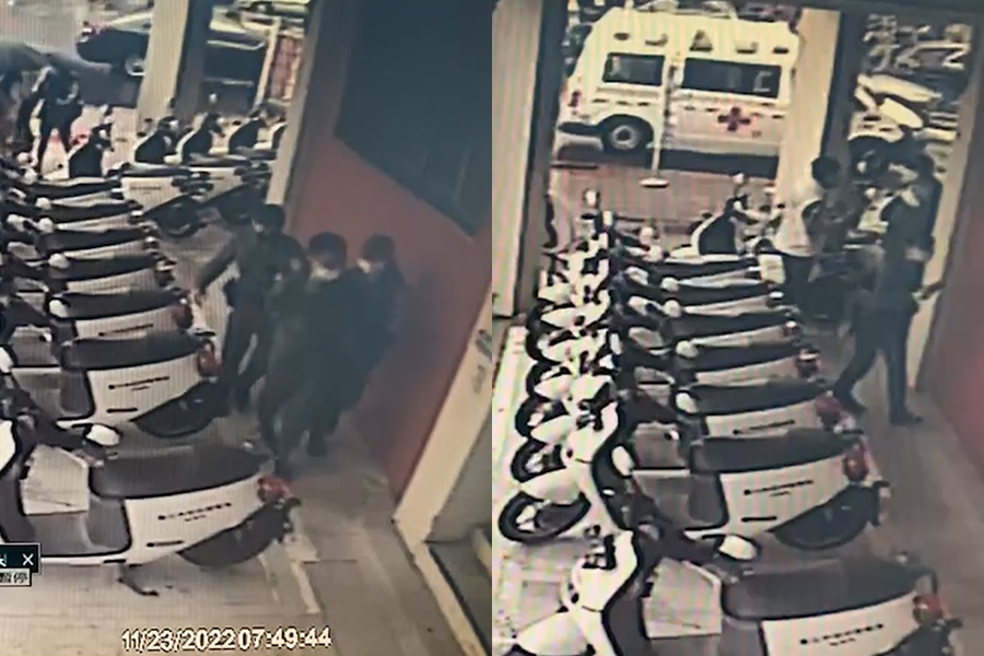 林婕麗遭攻擊後被救護車送走，施暴男子也被警方逮捕。（翻攝畫面）